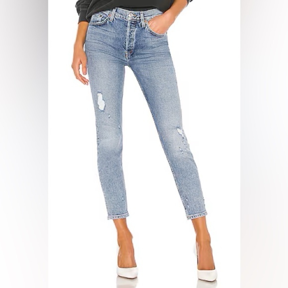 RE/DONE High-Rise Ankle Crop Stretch Jeans Mid 90s Denim Distressed Casual Women
